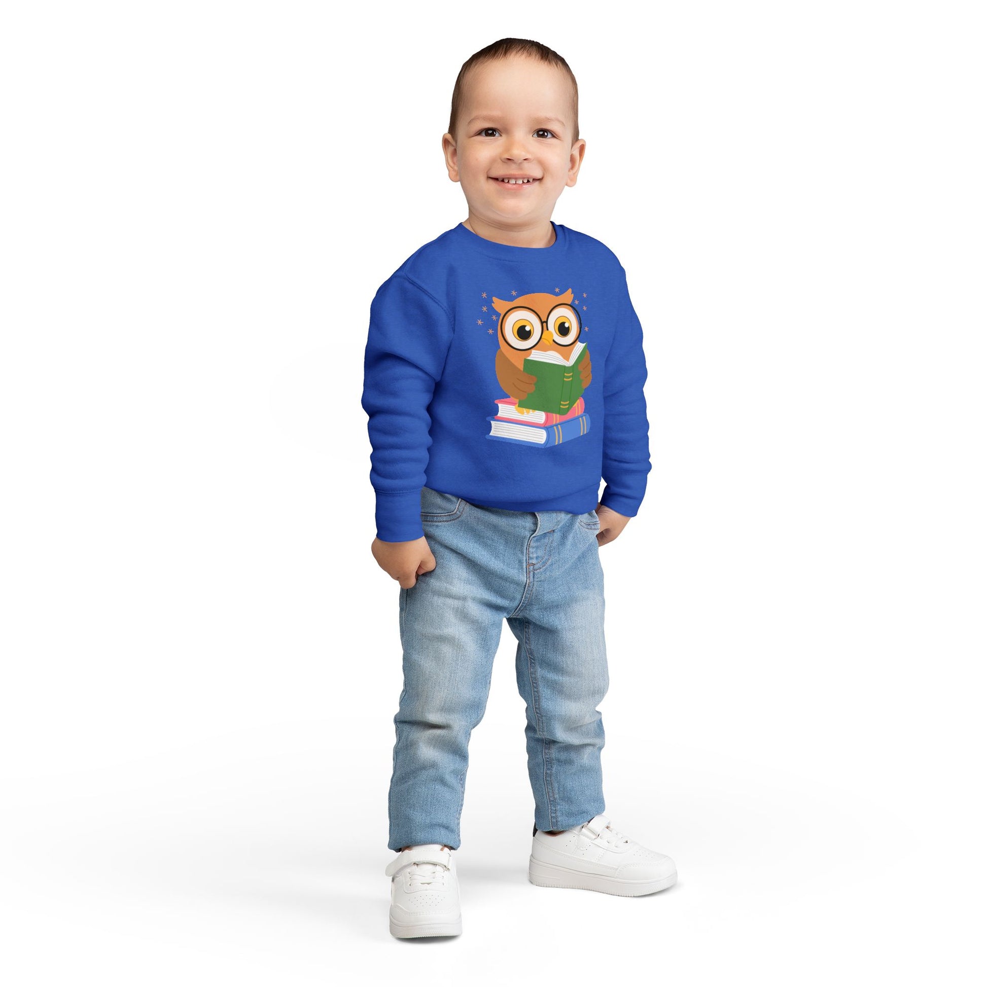 Boy wearing a blue toddler sweatshirt with an owl reading a book 