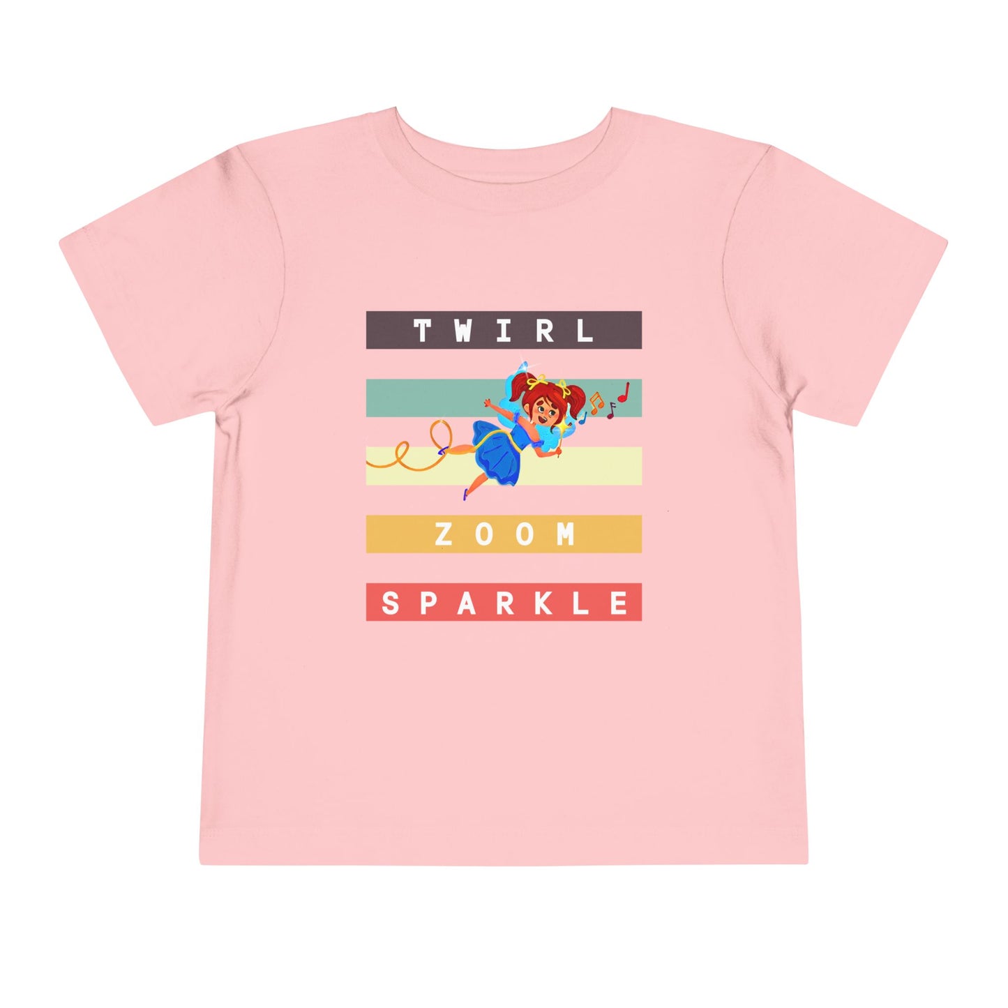 Pink toddler t-shirt with a flying fairy and text in colorful stripes 'twirl, zoom sparkle' 