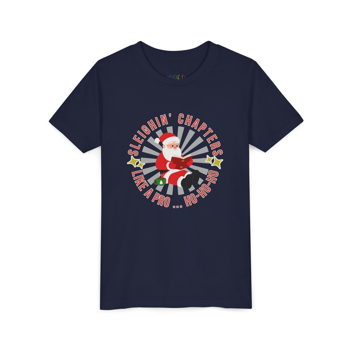 Navy blue t-shirt with Santa Claus graphic and text on a white background