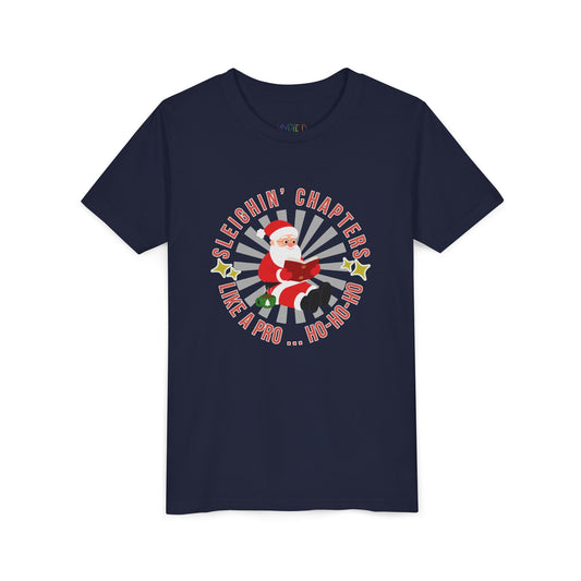 Navy blue t-shirt with Santa Claus graphic and text on a white background