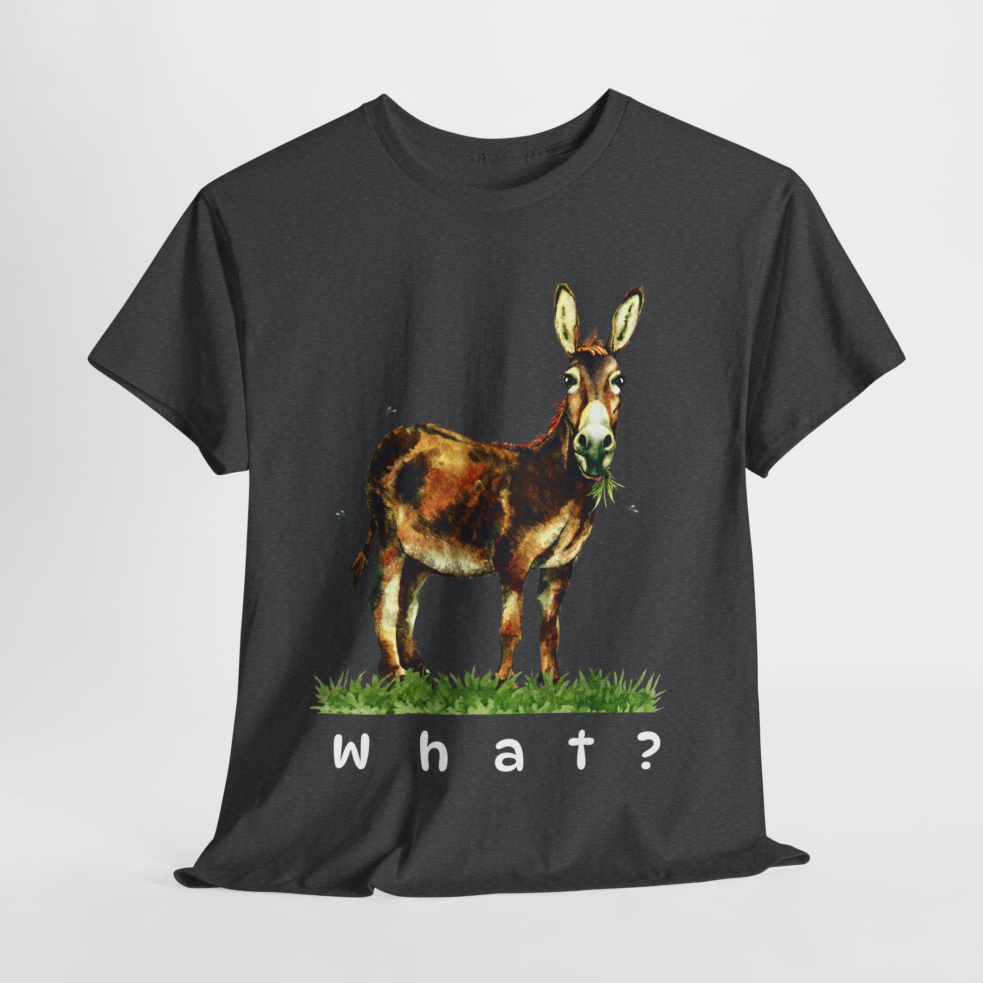 Gray t-shirt with a donkey graphic chomping on grass and text 'What?' 