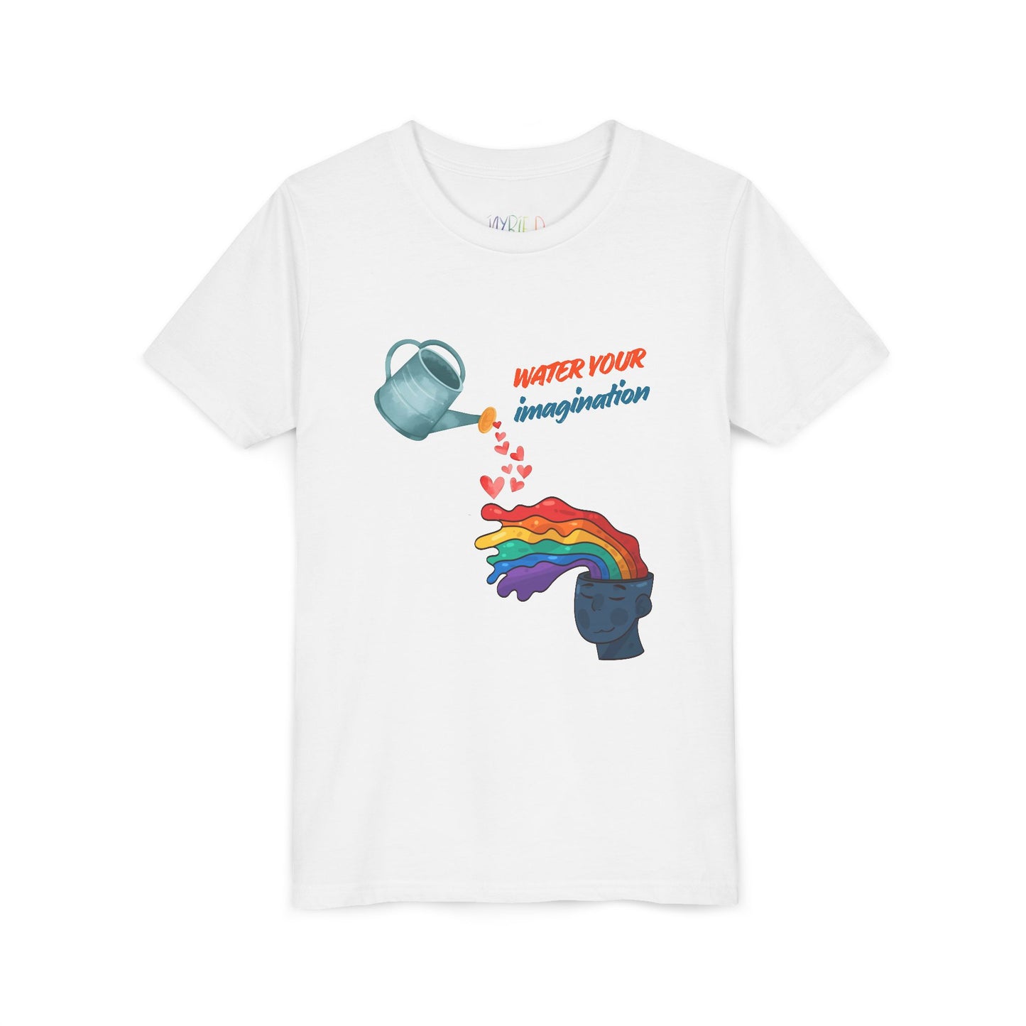 White t-shirt with watering can pouring hearts into a watercolor rainbow brain with text 'Water your imagination' 