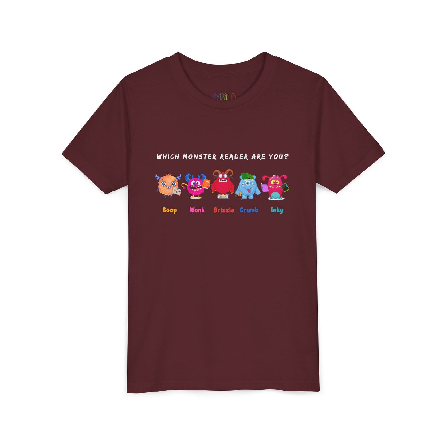 Maroon t-shirt with colorful monster and text 'Which Monster Reader Are You?'