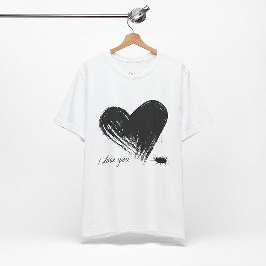 White t-shirt with a black sketched heart dripping ink and text 'I Love You' 