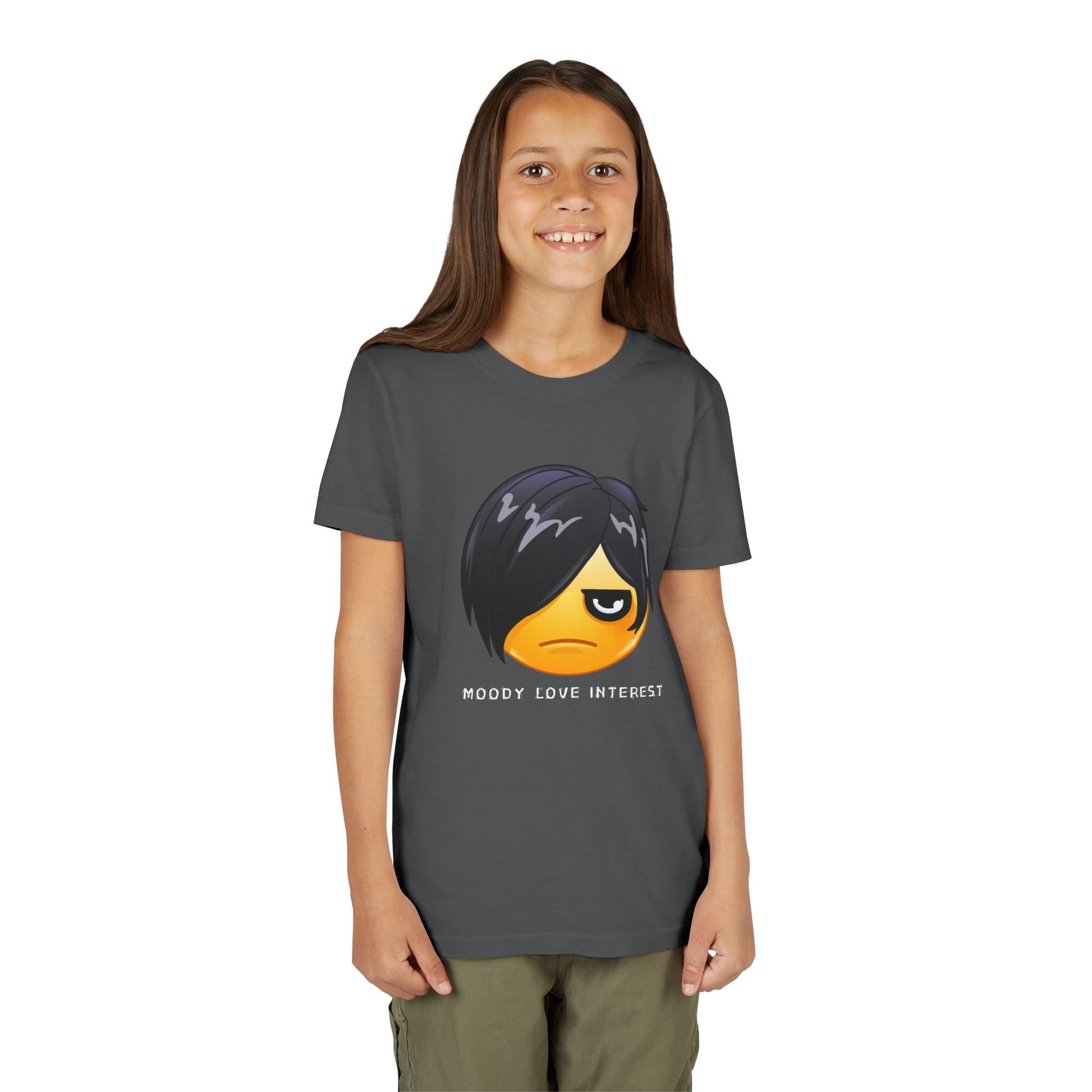 Girl wearing a dark gray t-shirt with a moody emoji and text 'moody love interest'