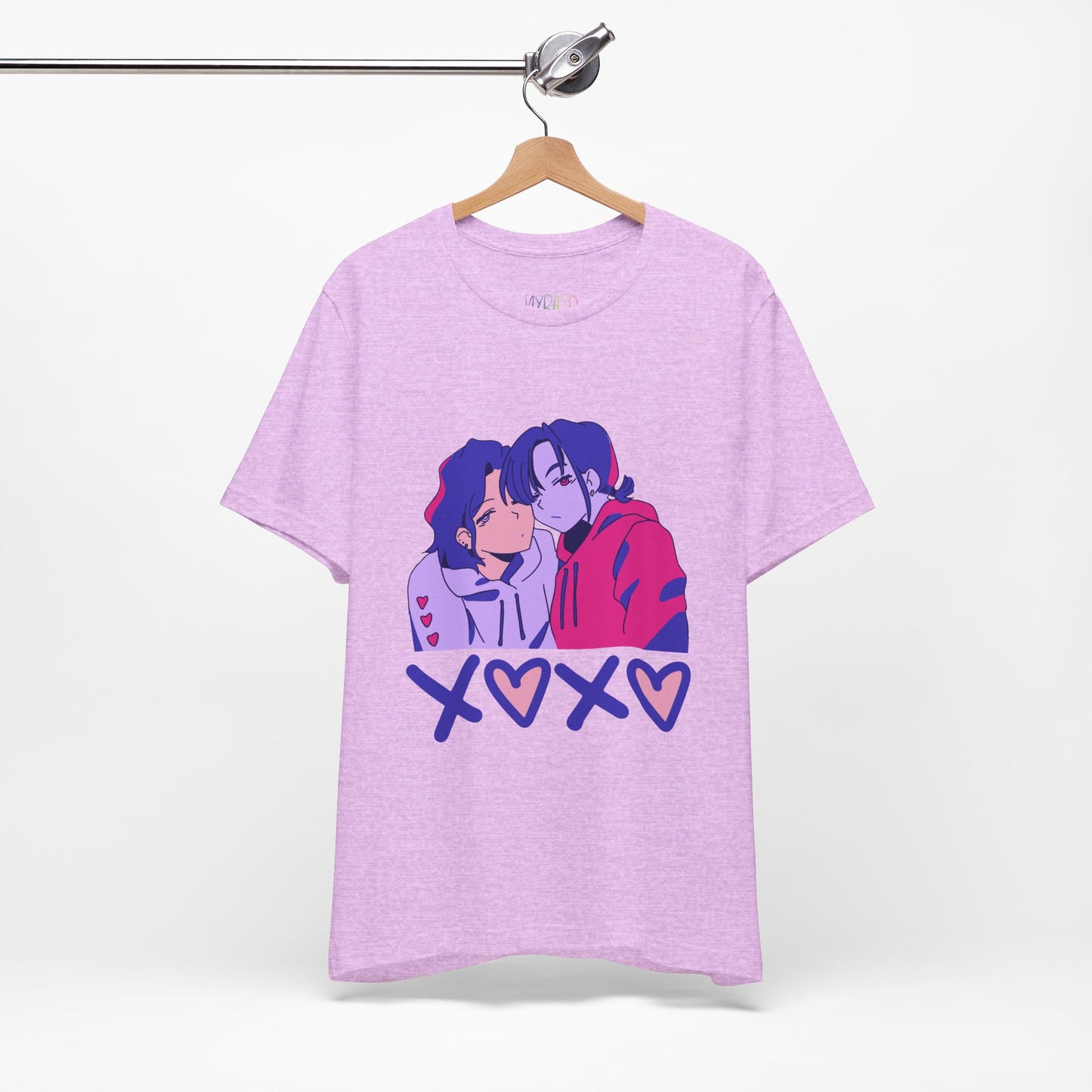 Pink/icy purple t-shirt with an anime pink, purple and blue graphic design of two people leaning in together above a row of XOXO (O's in the shape of hearts)