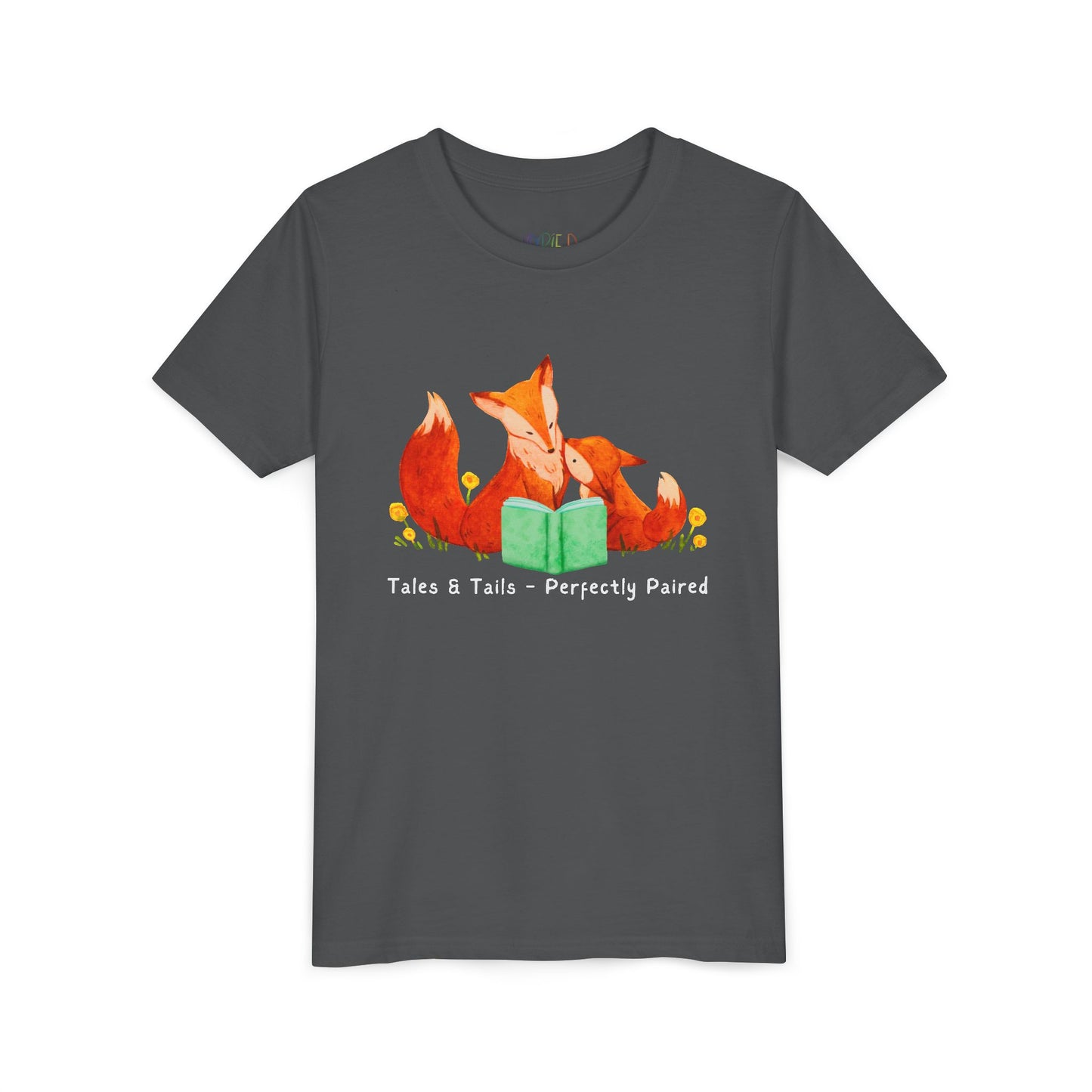 Gray t-shirt with fox family reading a book and text 'tales & tails - perfectly paired'