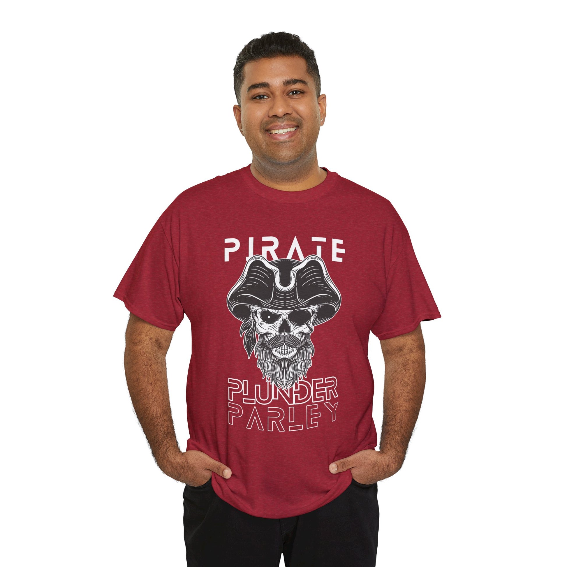 Man wearing a red t-shirt with a black and white pirate graphic and text 'Pirate. Plunder. Parley'