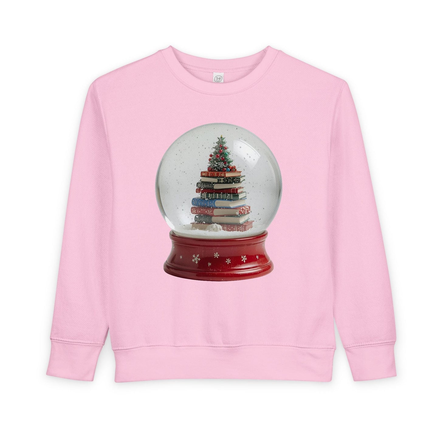 Pink toddler sweatshirt featuring a Christmas tree on a stack of books inside of a snow globe