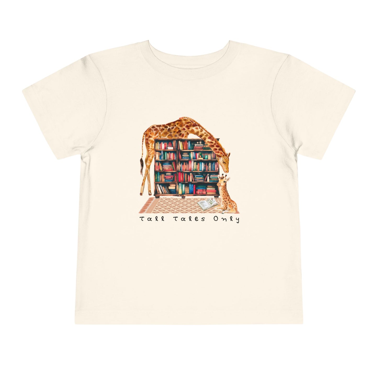 Beige toddler t-shirt with a mama giraffe leaning over library bookshelves to check on her little one and text 'Tall Tales Only'