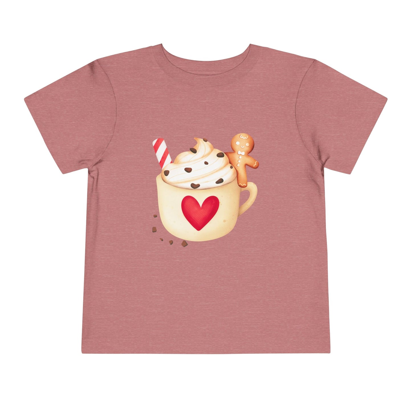 Pink toddler t-shirt with a hot chocolate graphic featuring a heart and gingerbread on a white background