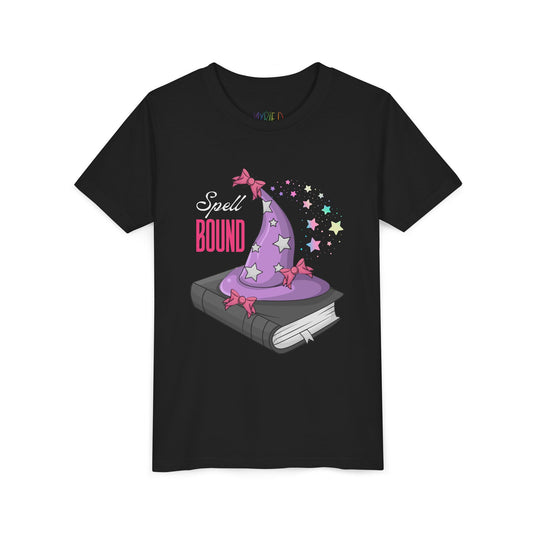 Black t-shirt with a sparkly purple witch hat on top of a book and text 'Spell Bound'  
