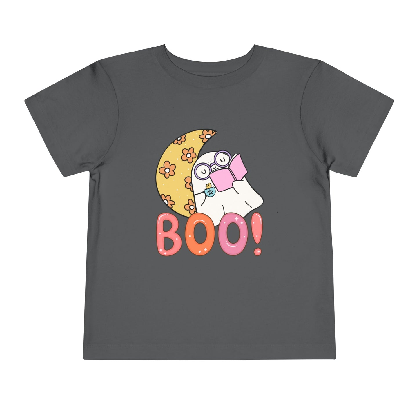 Gray t-shirt with a Halloween-themed design featuring a ghost, moon, and 'BOO!' text 