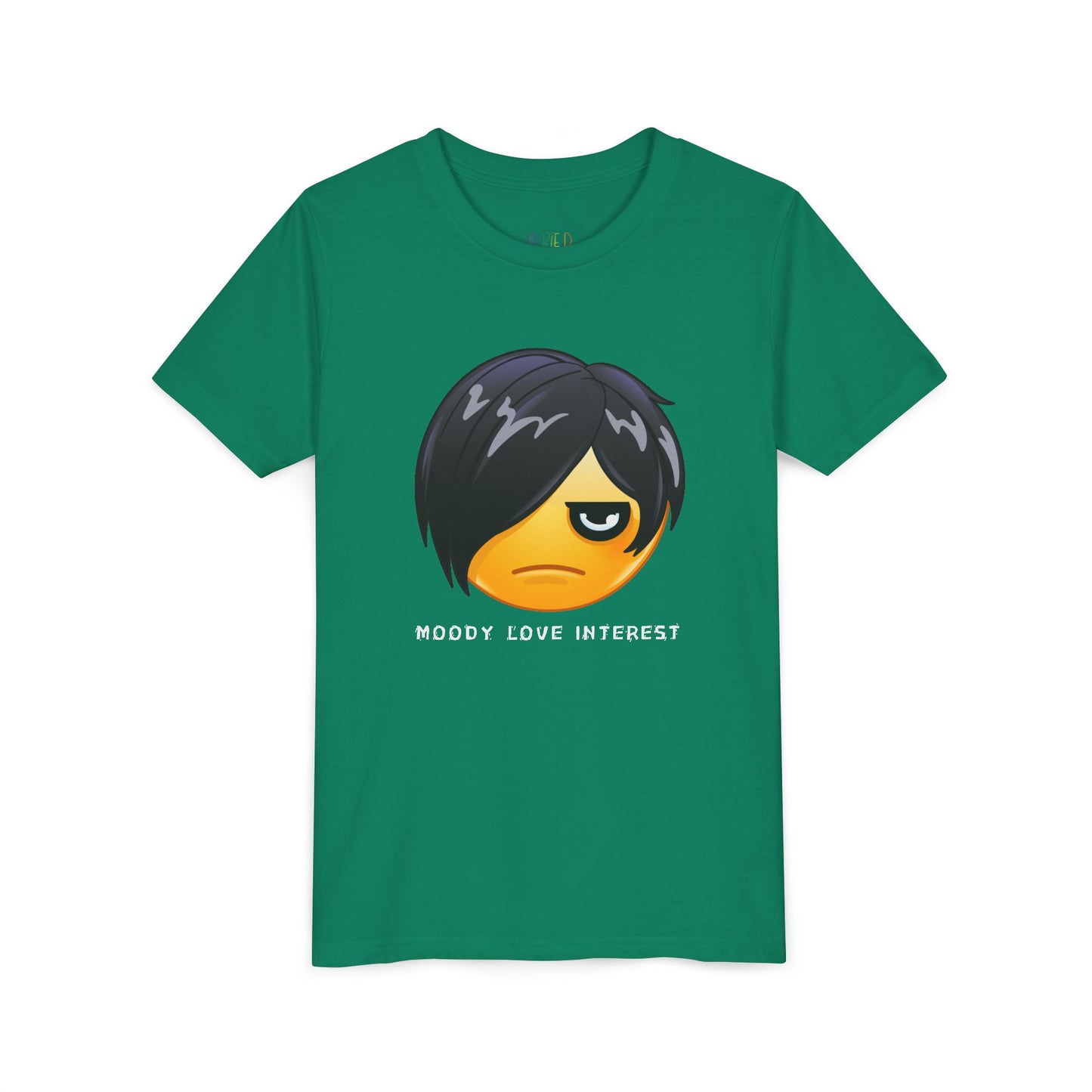 Green t-shirt with a moody emoji and text 'moody love interest'