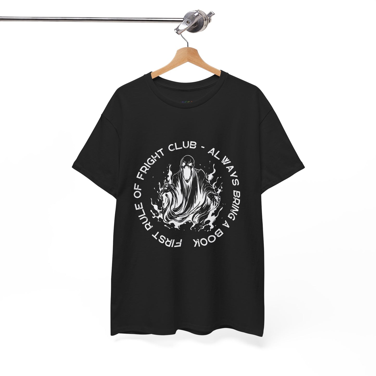 Black t-shirt with a white screaming ghoul and white circular text 'First Rule of Fright Club - Always Bring a Book'