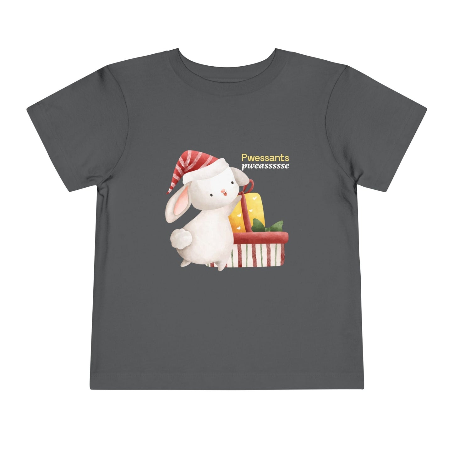 Gray toddler t-shirt with a cartoon bunny and gift box design on a white background