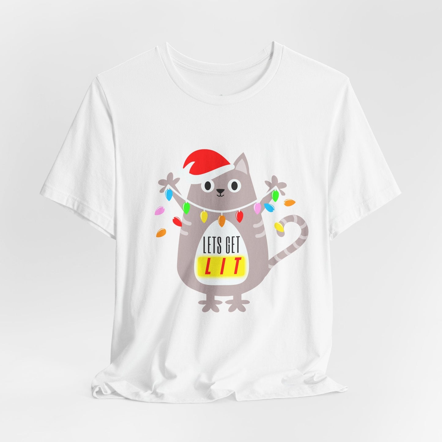 Teen/Adult Unisex Letâ€™s Get Lit T-Shirt â€“ Festive Cat Christmas Lights Design Printify