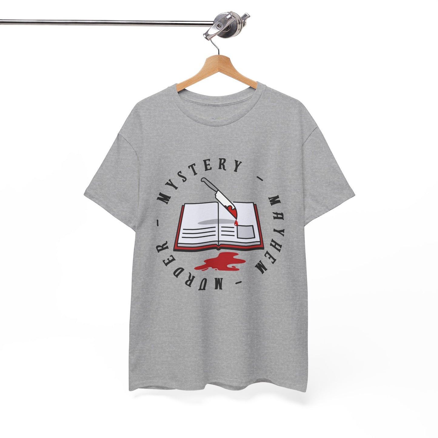 Gray t-shirt with an open book, bloody knife and circular text 'Murder - Mystery - Mayhem'