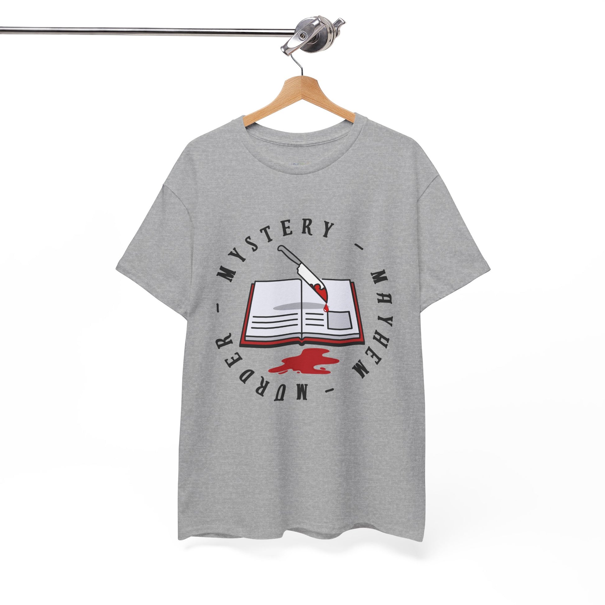 Gray t-shirt with an open book, bloody knife and circular text 'Murder - Mystery - Mayhem'