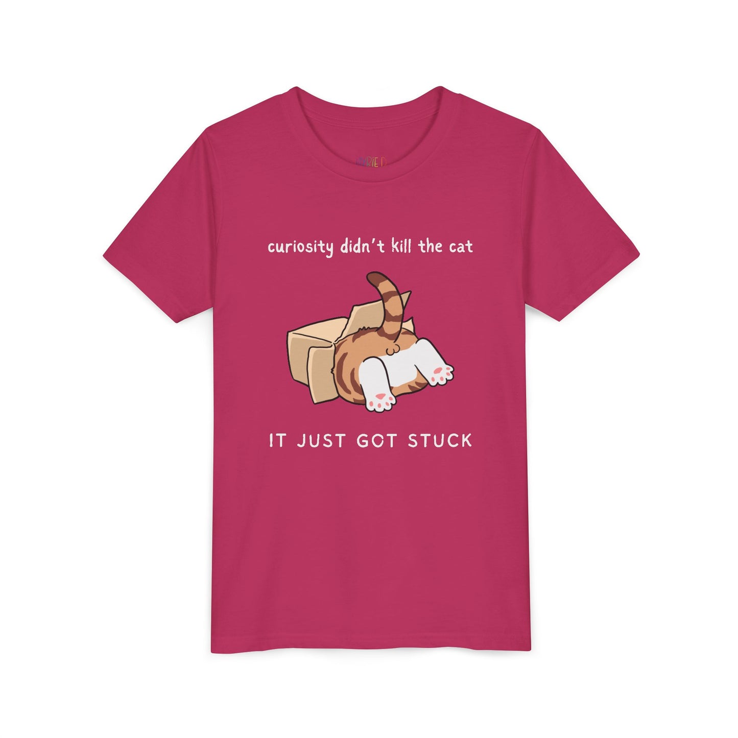 Youth Curiosity Just Got Stuck T-Shirt – Funny Cat Lovers' Tee for Young Readers