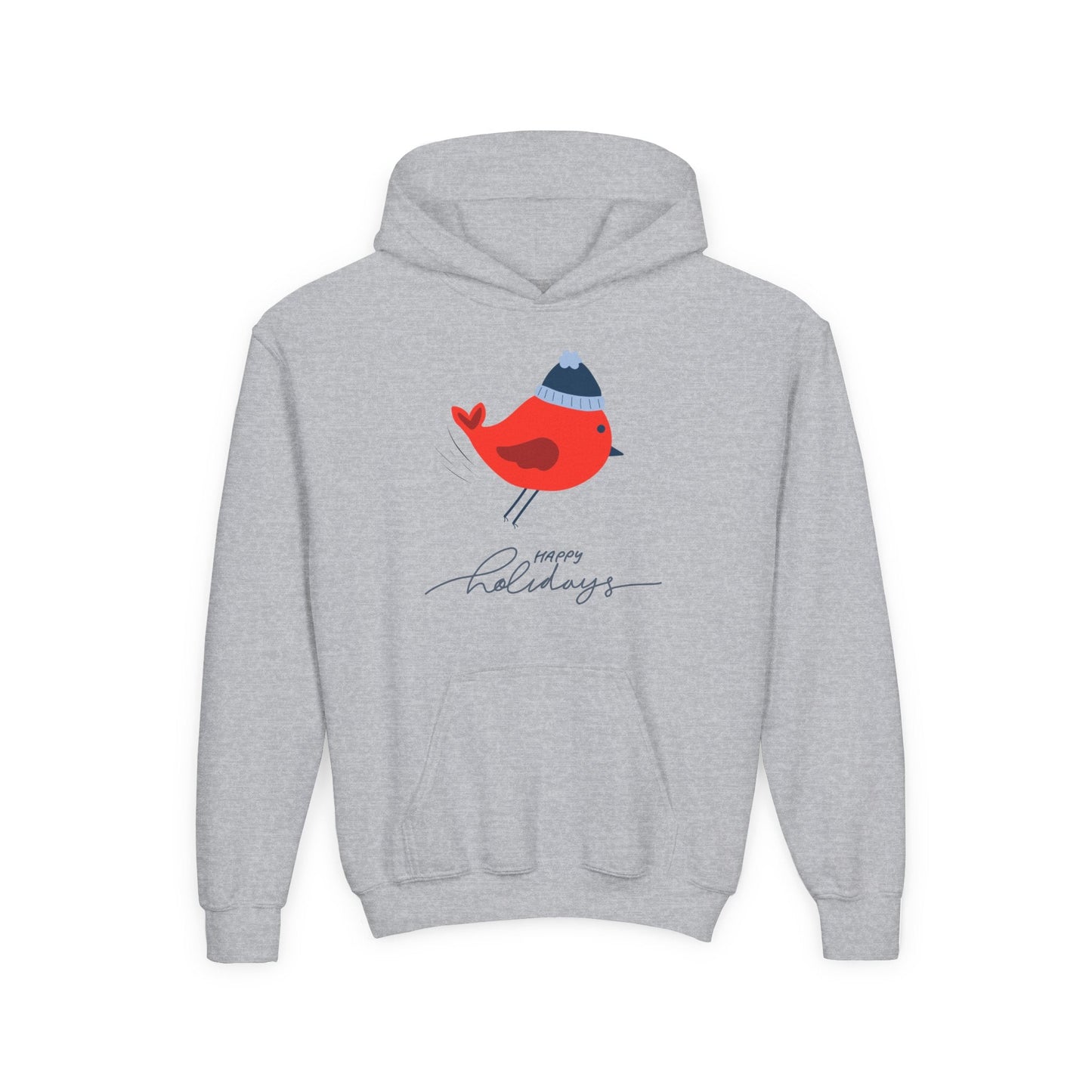 Youth Happy Holidays Hoodie â€“ Winter Red Bird Design Printify