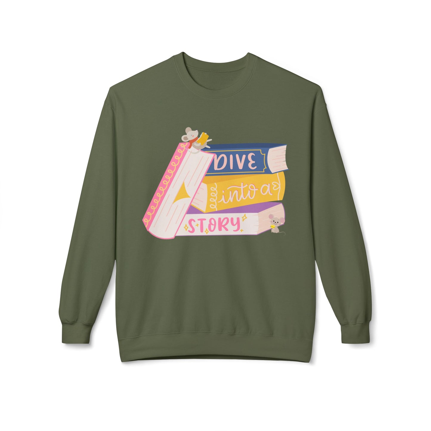 Teen/Adult Unisex Dive Into a Story Sweatshirt – Cute Bookish Mice Reading Crewneck