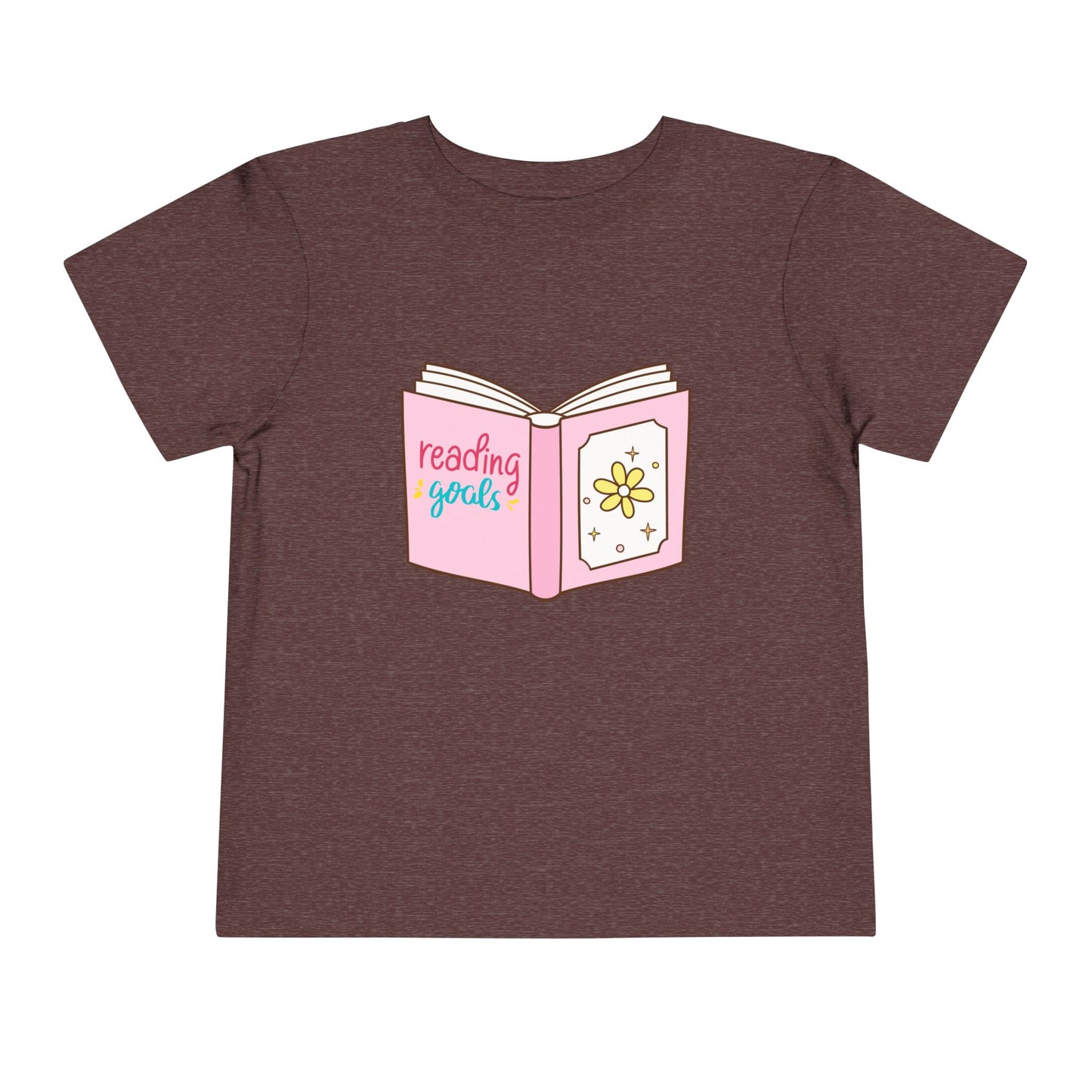 Maroon toddler t-shirt with a pink book graphic and 'reading goals' text 
