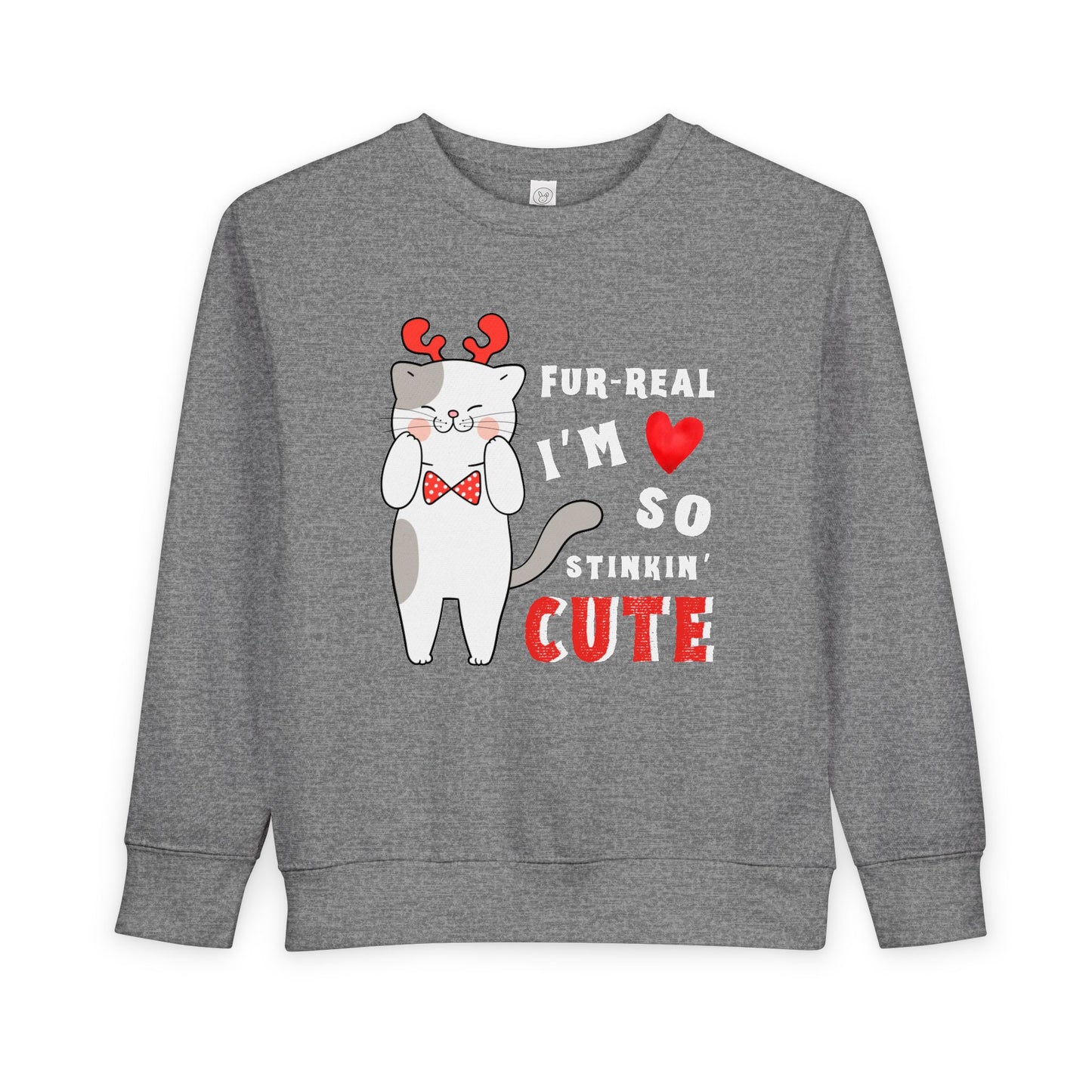 Dark gray toddler sweatshirt with a gray and white cat graphic wearing red reindeer antlers, holding it's cheeks, text 'FUR-REAL I'M SO CUTE' 