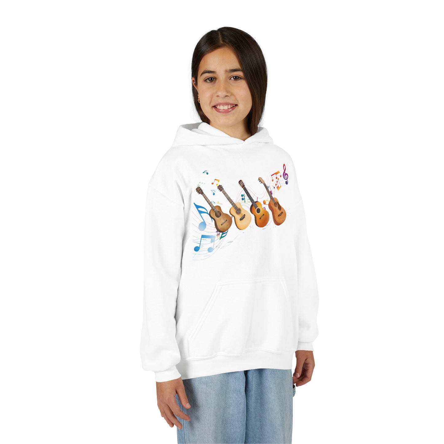 Girl waring a white hoodie with a row of guitars and swirling music notes 