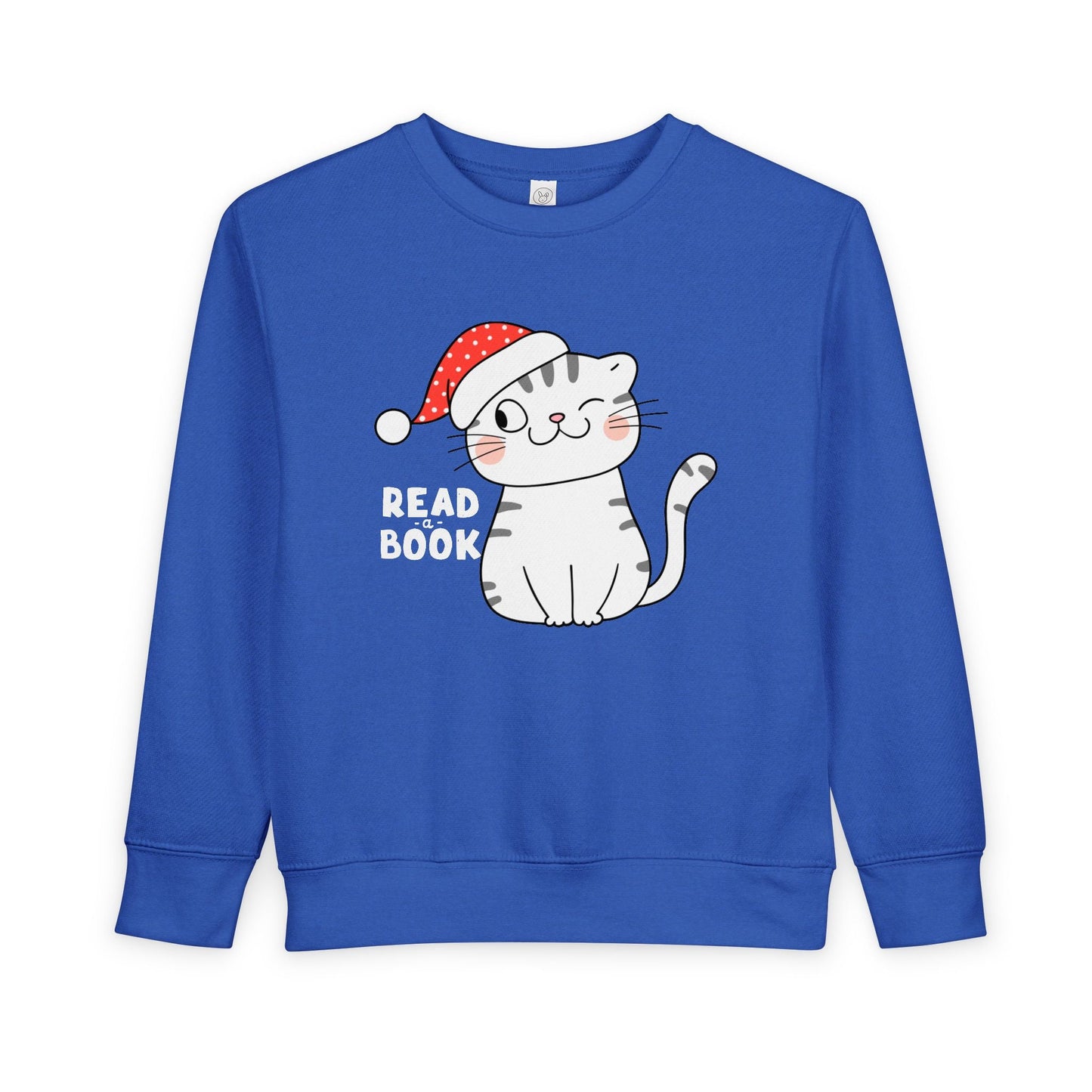 Blue toddler sweatshirt with a winking gray and white cat wearing a Santa hat and 'Read a Book' text on a white background