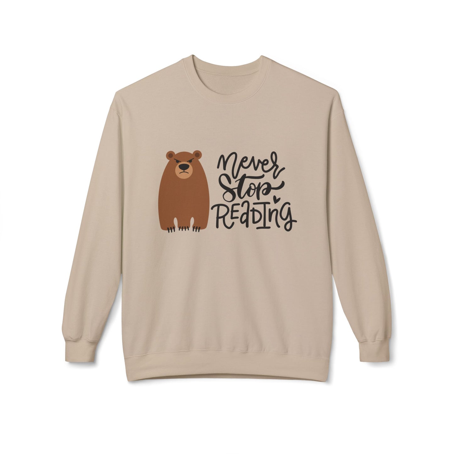 Teen/Adult Unisex Never Stop Reading Sweatshirt, Cozy Bear Book Lover Crewneck