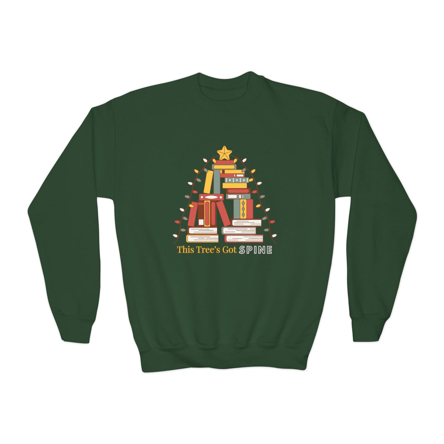 Green sweatshirt with a Christmas tree design made of books and text 'This Tree's Got Spine'