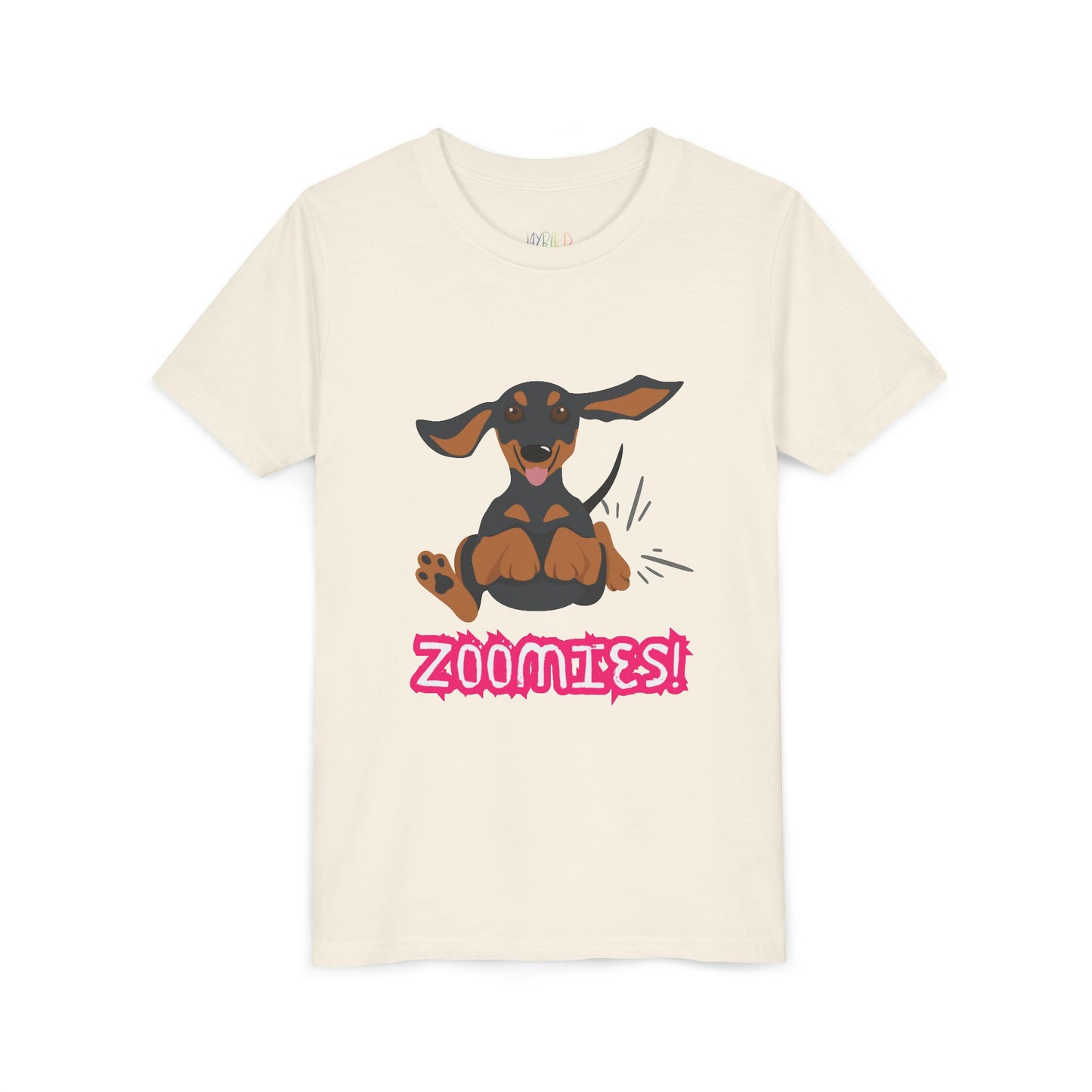Beige t-shirt with a running dachshund and 'Zoomies!' text 