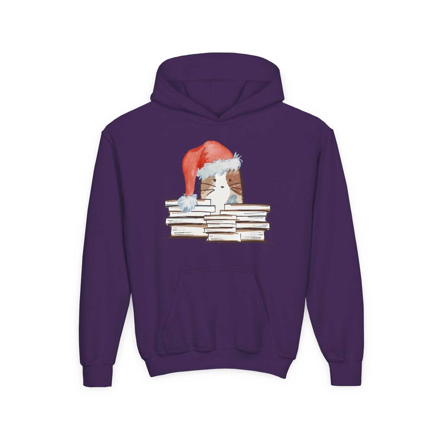 Youth Santa Cat & Books Hoodie â€“ Cozy Holiday Reading Design Printify