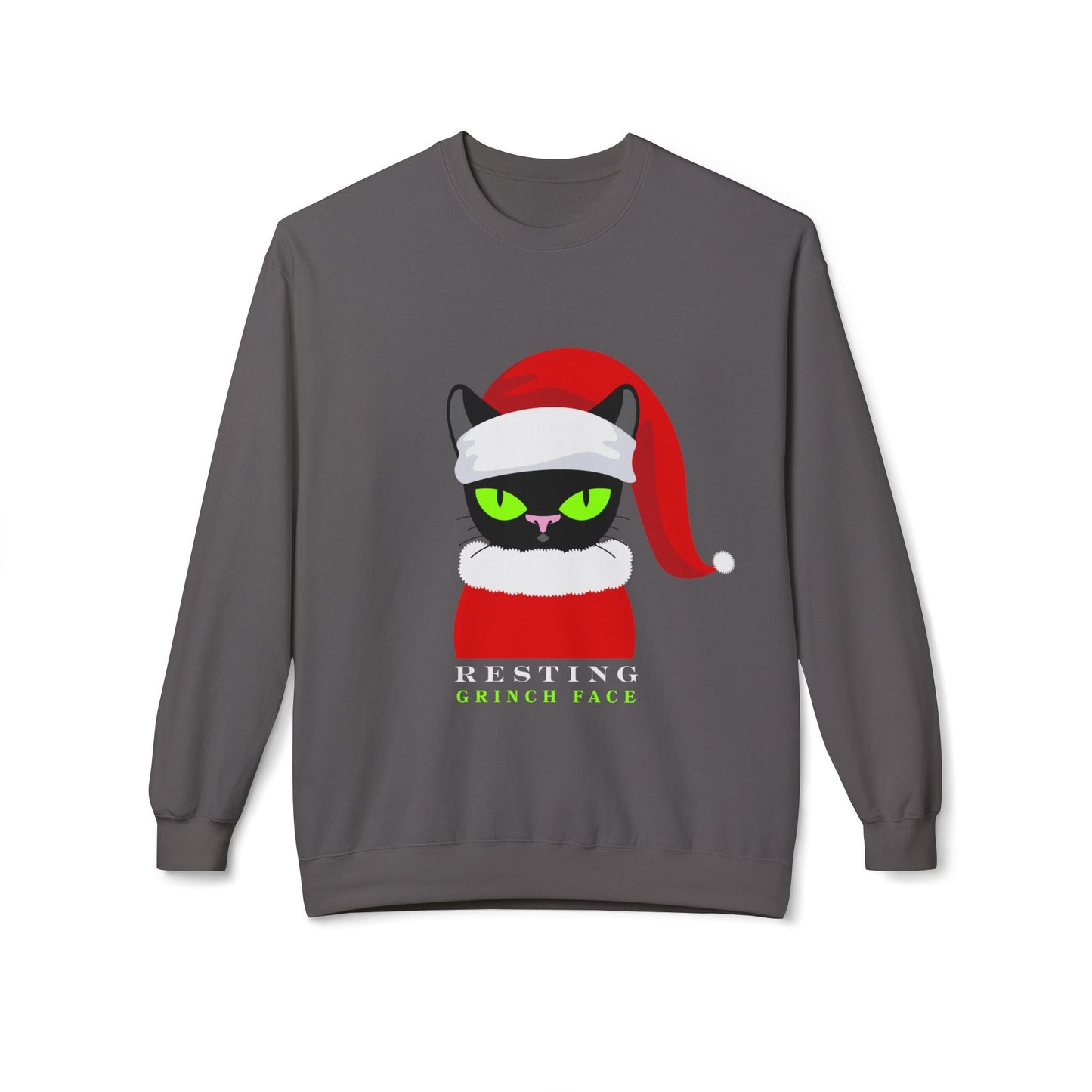 Teen/Adult Unisex Resting Grinch Face Sweatshirt â€“ Black Cat Christmas Humor Design Printify