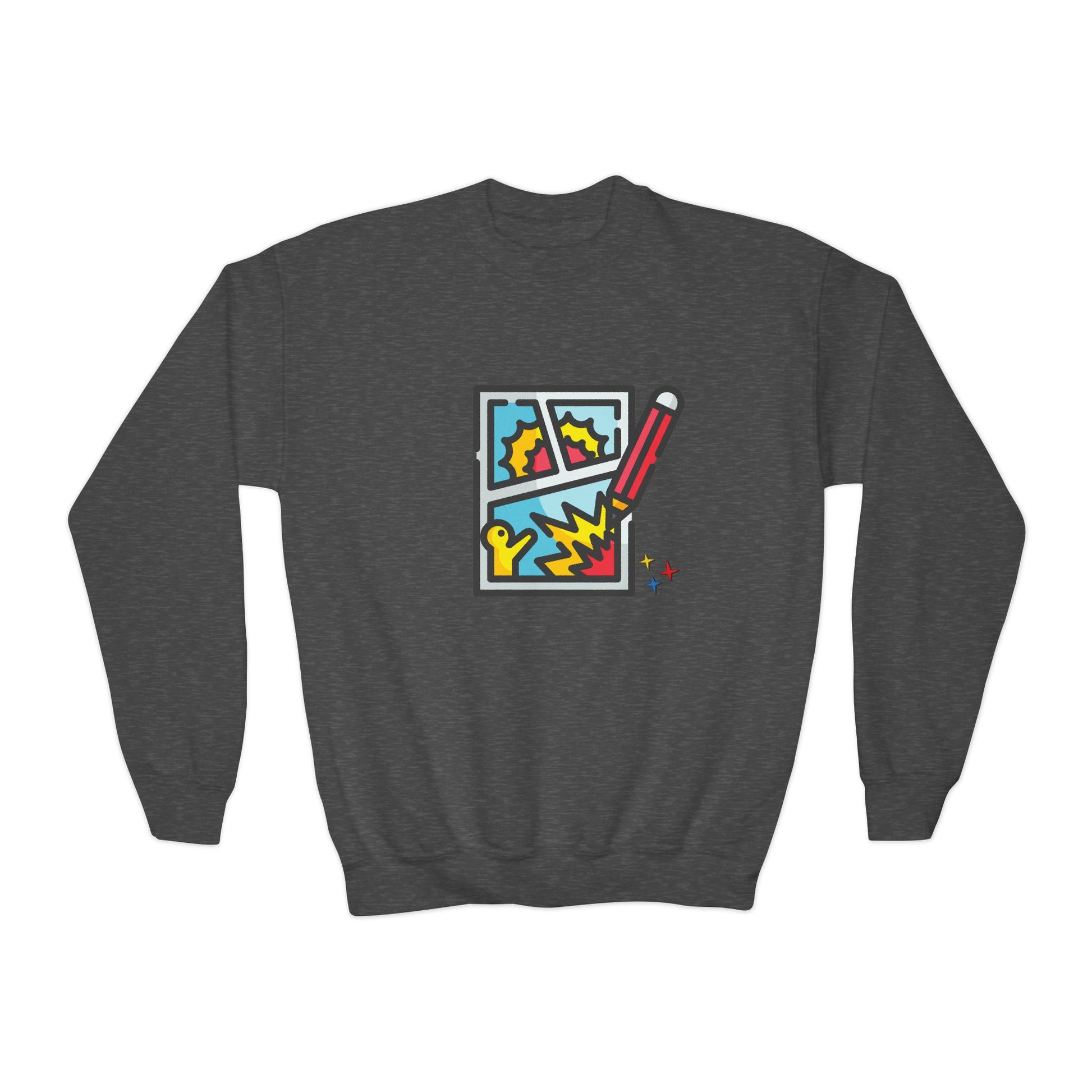 Dark gray sweatshirt with colorful comic book graphic drawing and pencil