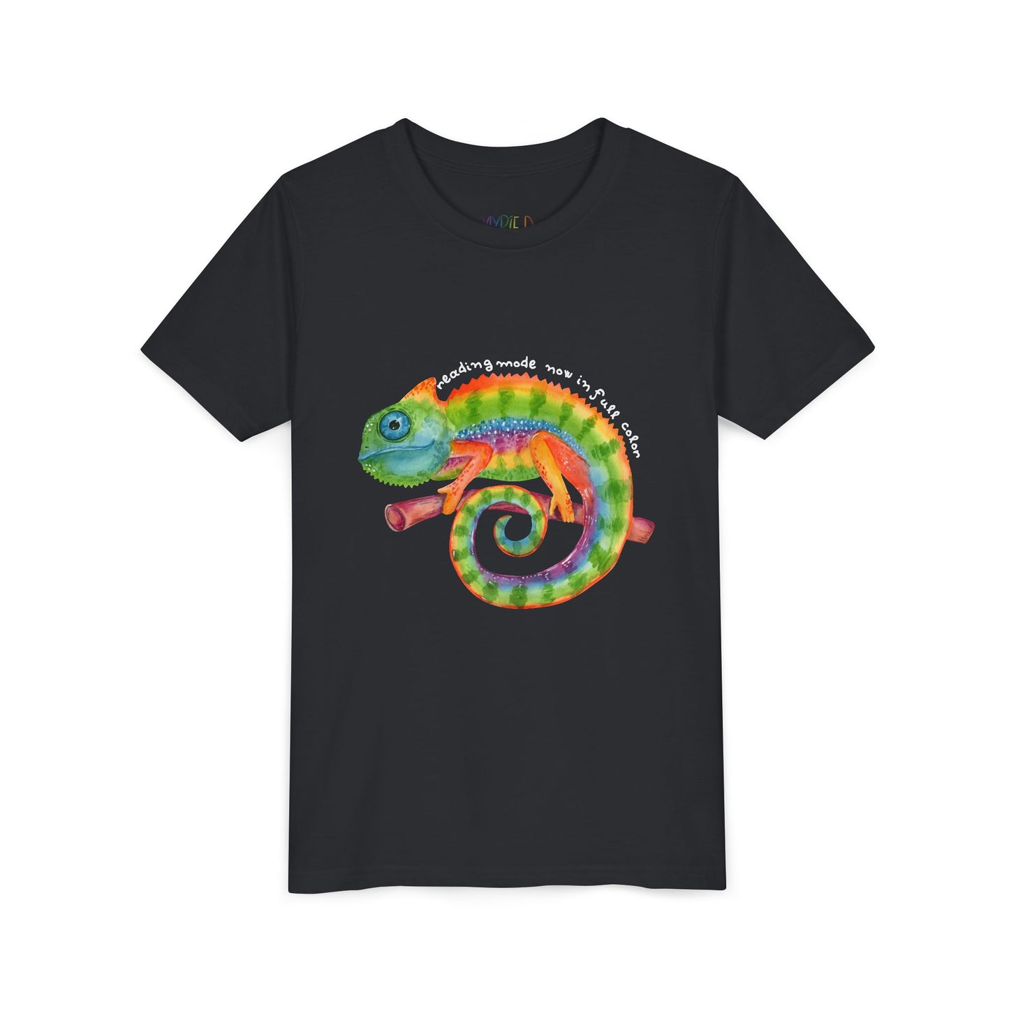 Black t-shirt with a colorful chameleon and text 'reading mode now in full color'