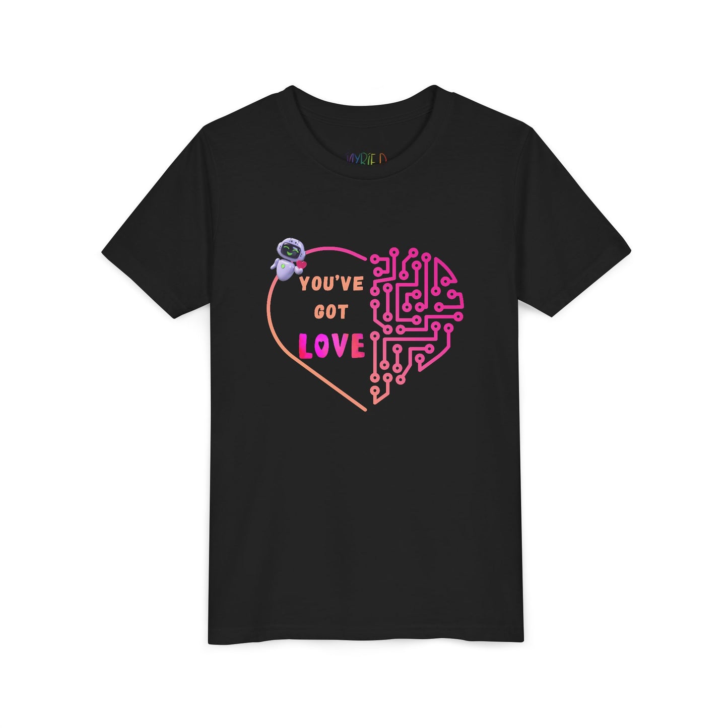 Black t-shirt with a heart-shaped design with computer connections, a robot holding a heart and text 'You've Got Love'