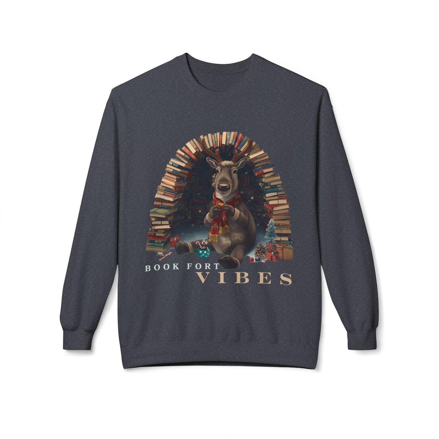 Gray sweatshirt with a raindeer sitting in a book fort and text 'Book Fort Vibes' on a white background.