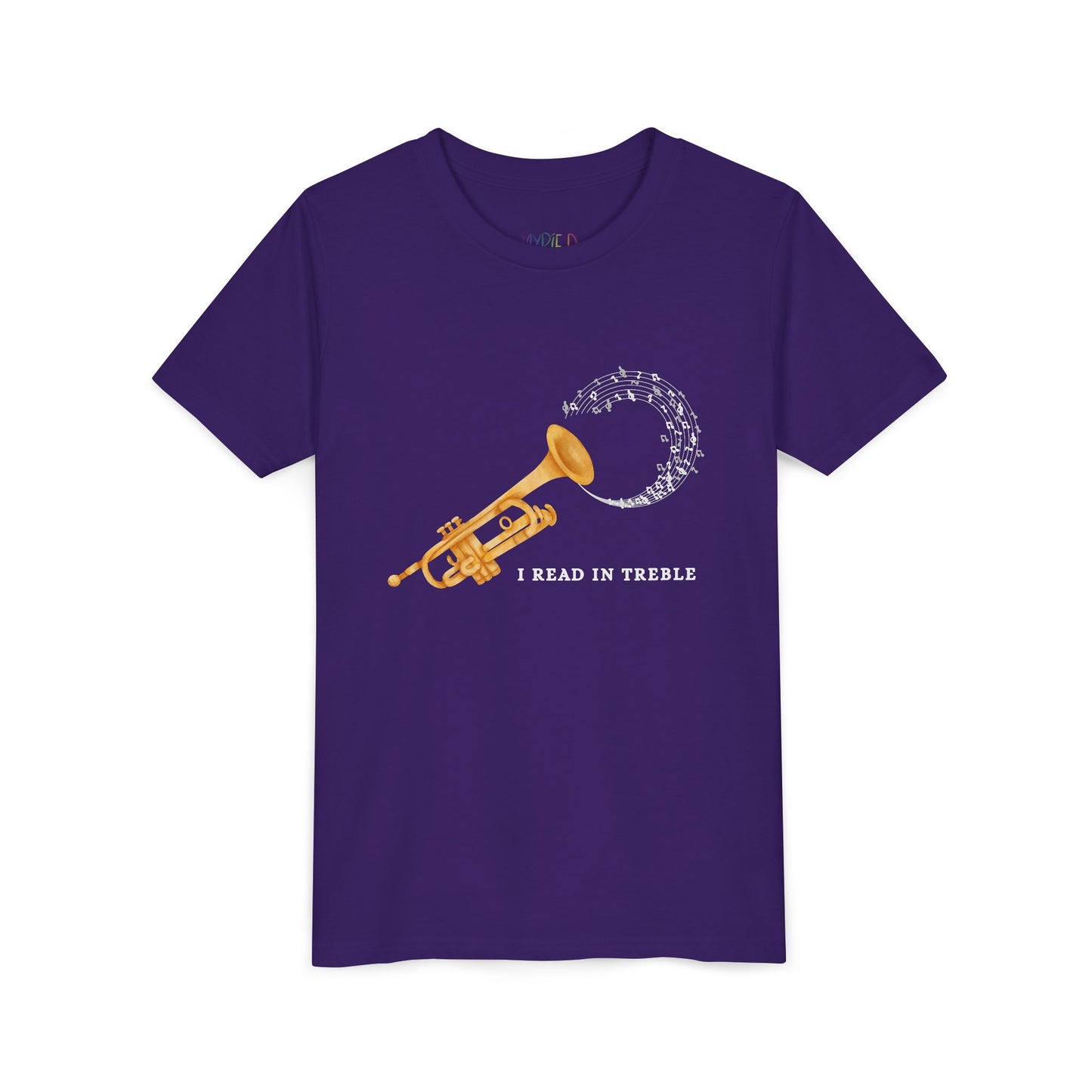 Purple t-shirt with a gold trumpet graphic, swirling music notes and text 'I Read In Treble'