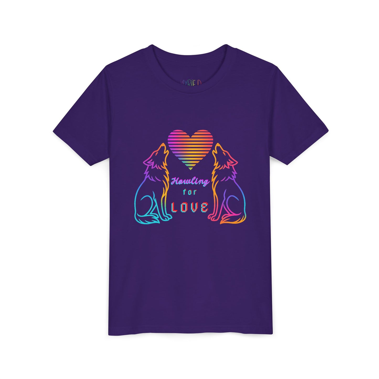 Purple t-shirt with two rainbow wolves howling at a heart and text 'Howling For Love' 