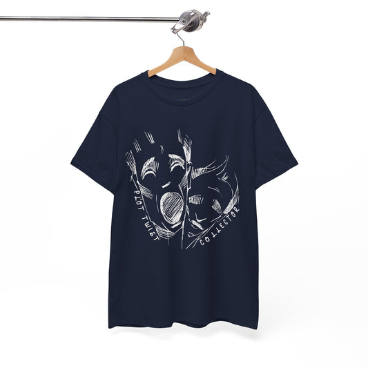 Navy blue t-shirt with white sketched graphic design of creepy faces and text 'Plot Twist Collector' on a hanger against a white background