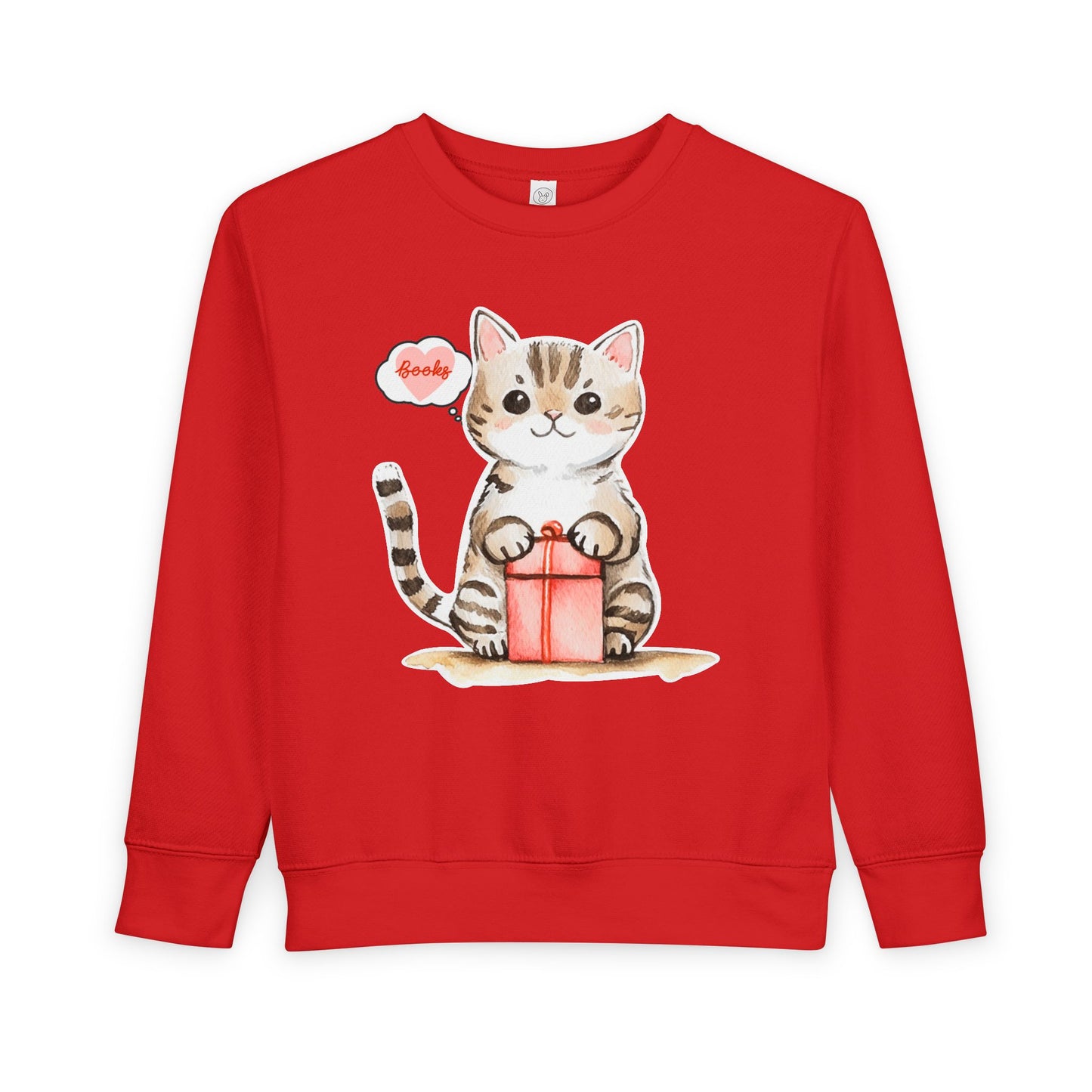 Red toddler sweatshirt with a cat with a thought bubble of whooks while holding a gift box on a white background