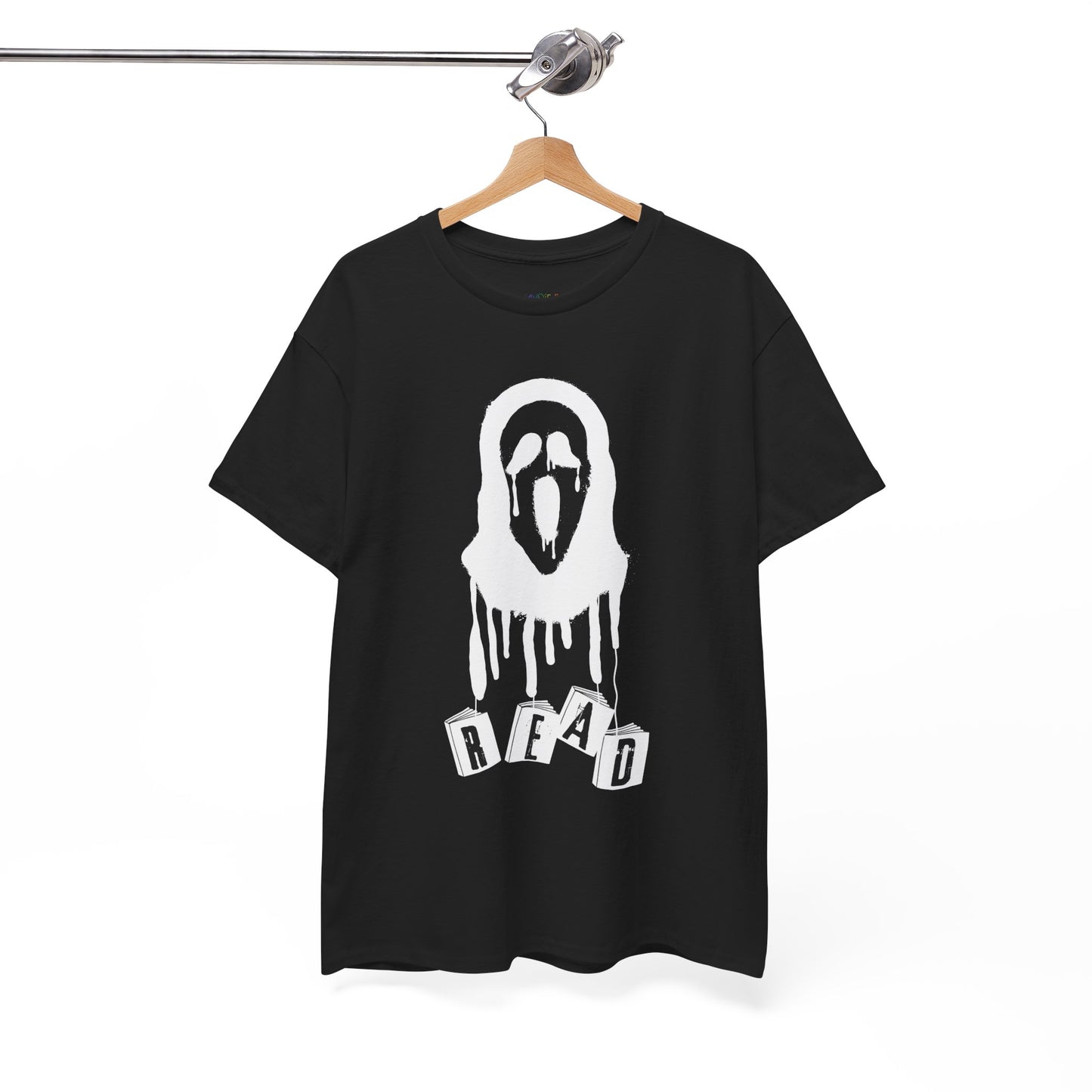 Black t-shirt with a white graphic of the scream mask with dangling books that spell out 'READ' on a hanger against a white background