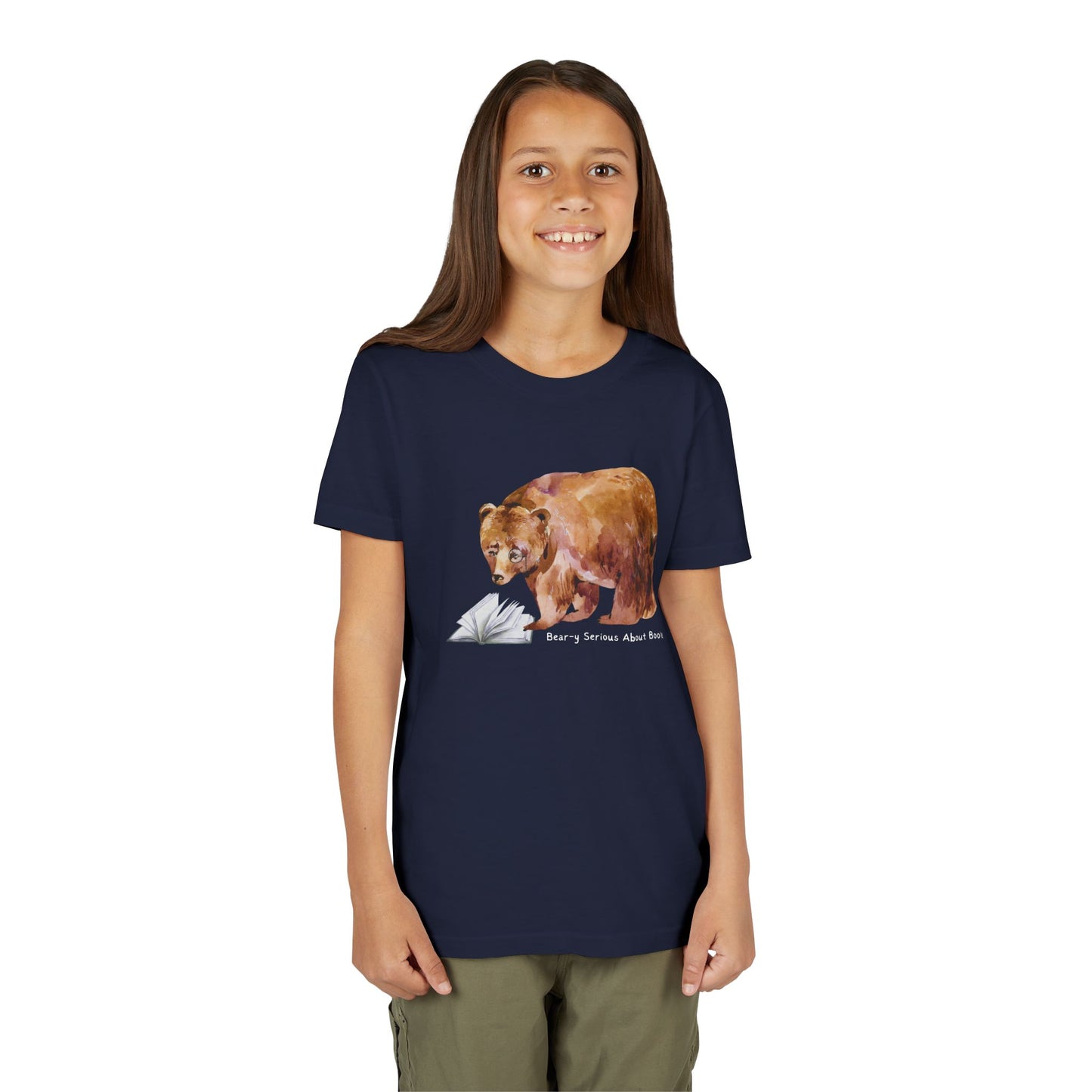 Girl wearing a navy blue t-shirt with a monacle wearing bear reading a book and text 'bear-y serious about books'