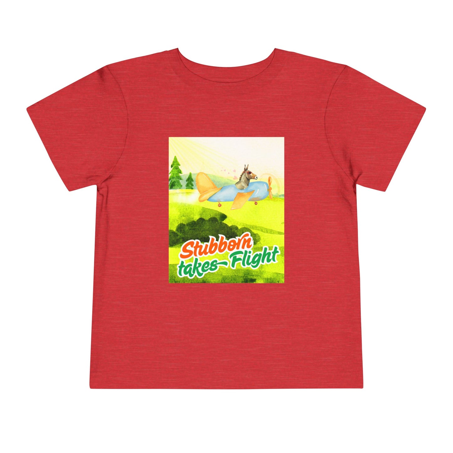 Red toddler t-shirt with a colorful graphic of a a donkey flying an airplane, with text 'Stubborn takes Flight' 