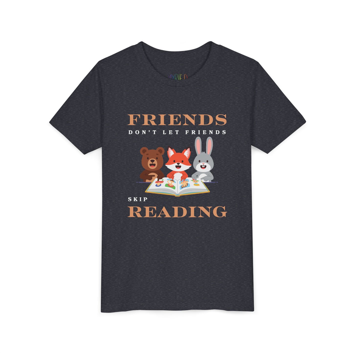 Heather navy t-shirt with cartoon animals reading a book and text 'Friends don't let friends skip reading' 