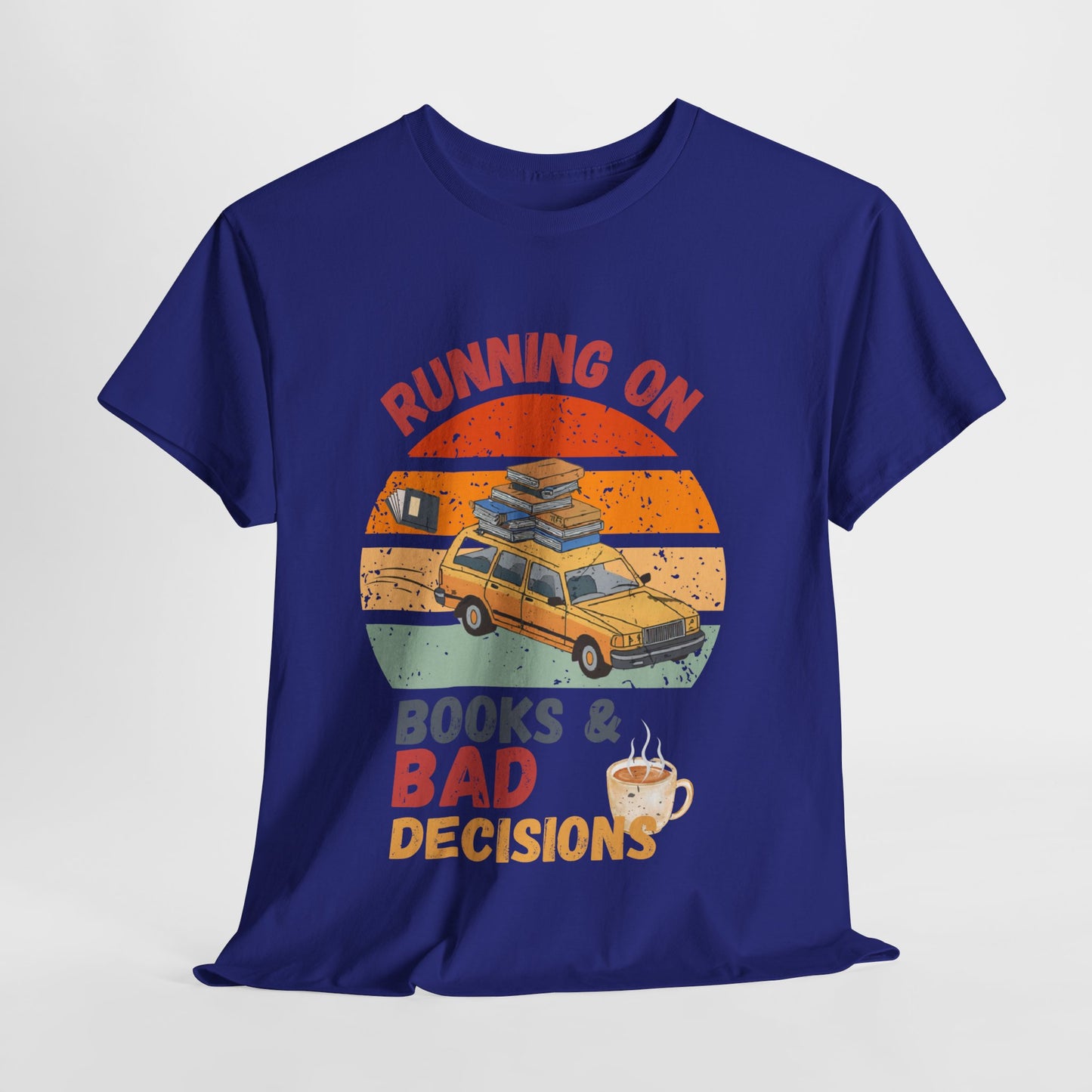 Teen/Adult Unisex Running on Books & Bad Decisions Tee – Funny Retro Reader Shirt for Book Addicts (Coffee Edition)