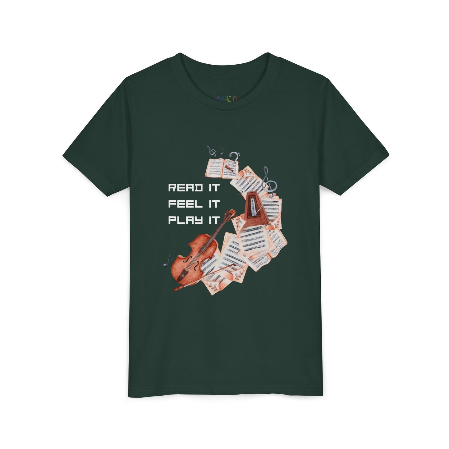 Dark green t-shirt with swirling music sheets, metronome, violin and text 'Read It. Feel It. Play It.'