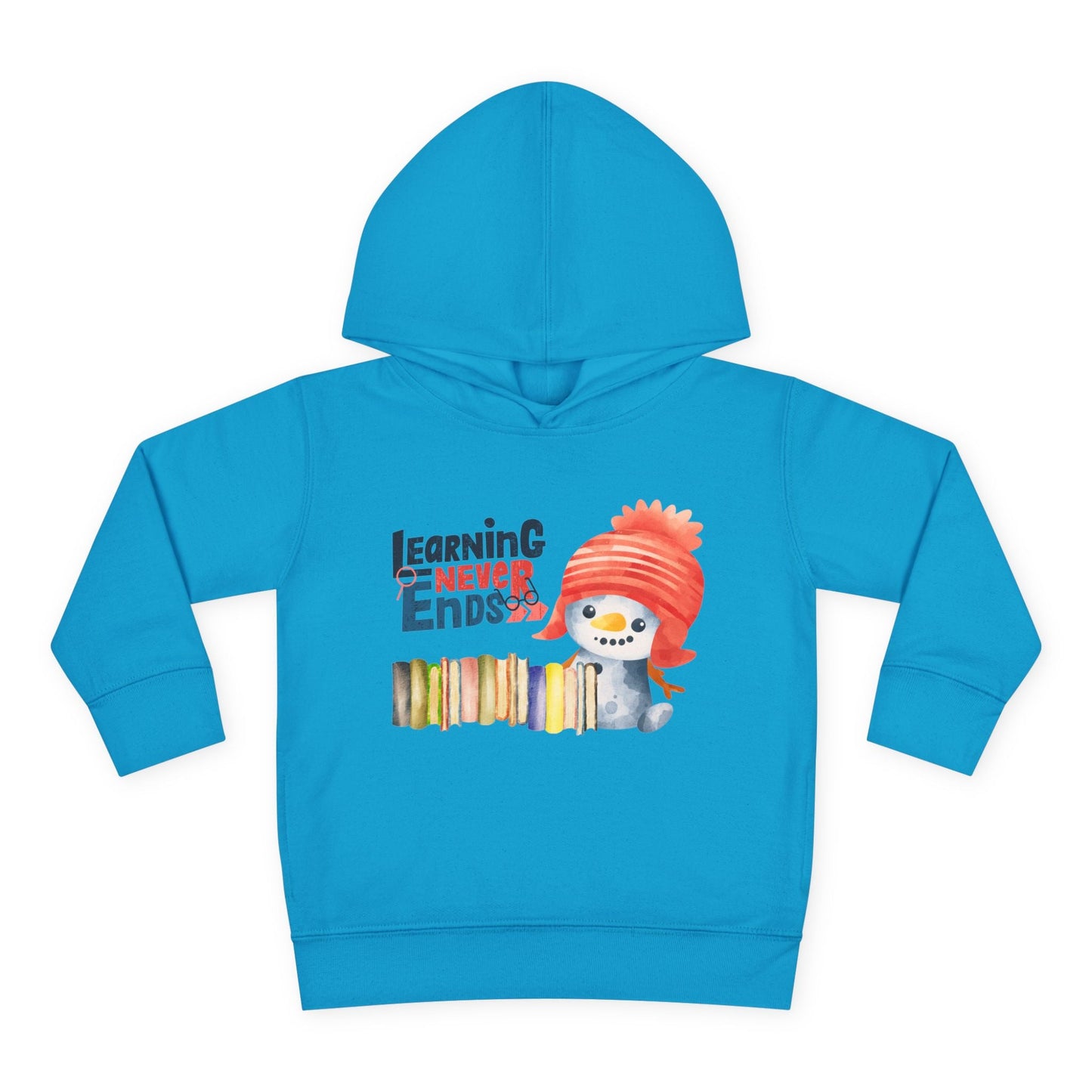 Turquoise blue toddler hoodie with a showman, a line of books and text 'Learning Never Ends' on a white background